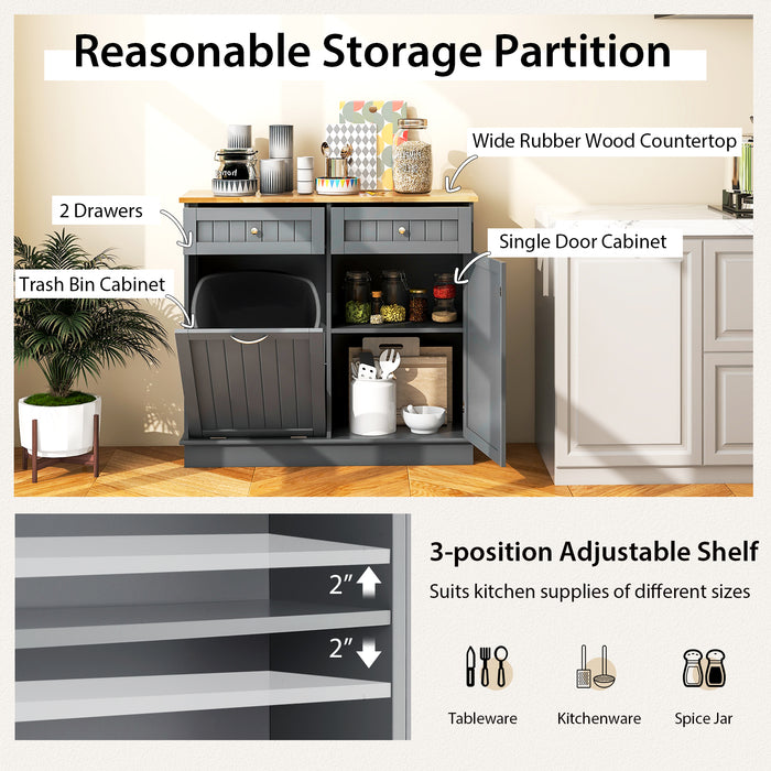 Rubber Wood Kitchen Trash Cabinet with Single Trash Can Holder and Adjustable Shelf-Gray