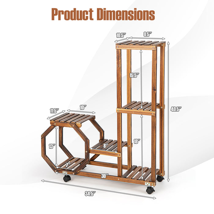 6-Tier Wooden Plant Stand with Wheels-Brown