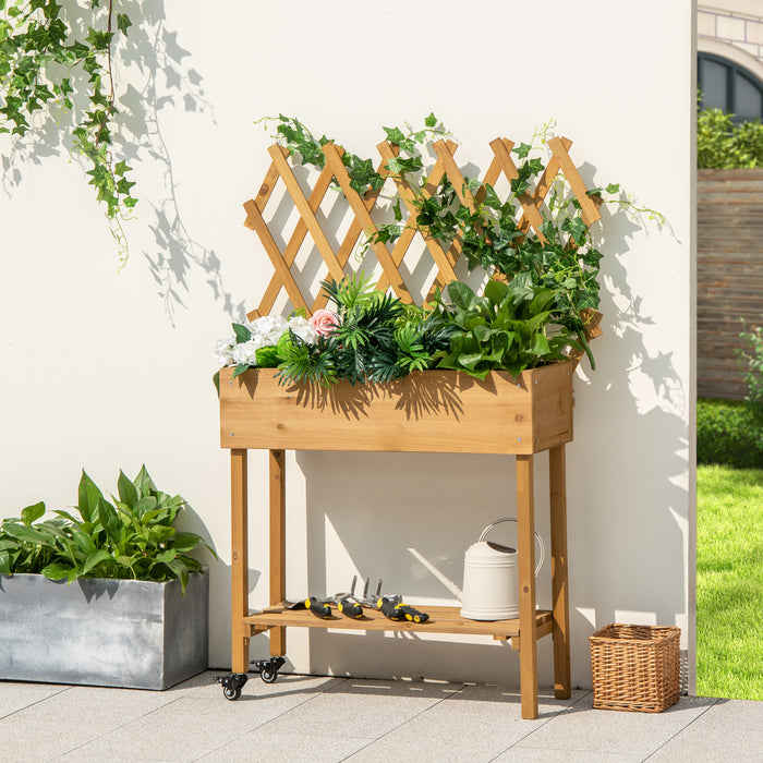 Wooden Rolling Raised Garden Bed with Trellis and Storage Shelf