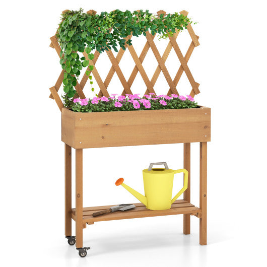 Wooden Rolling Raised Garden Bed with Trellis and Storage Shelf