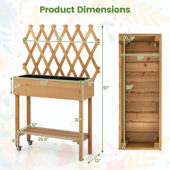 Wooden Rolling Raised Garden Bed with Trellis and Storage Shelf