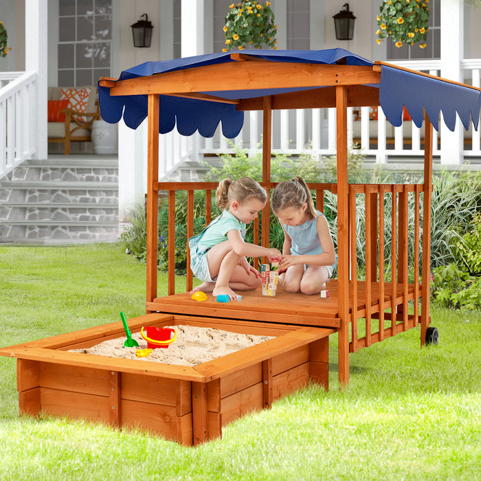 Kids Outdoor Wooden Retractable Sandbox with Cover and Built-in Wheels-Natural