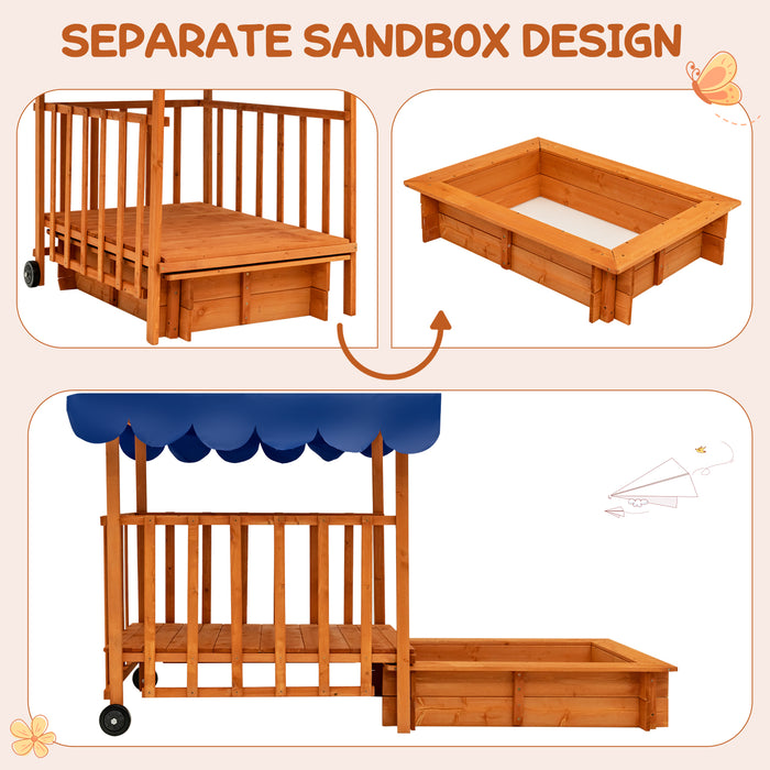 Kids Outdoor Wooden Retractable Sandbox with Cover and Built-in Wheels-Natural