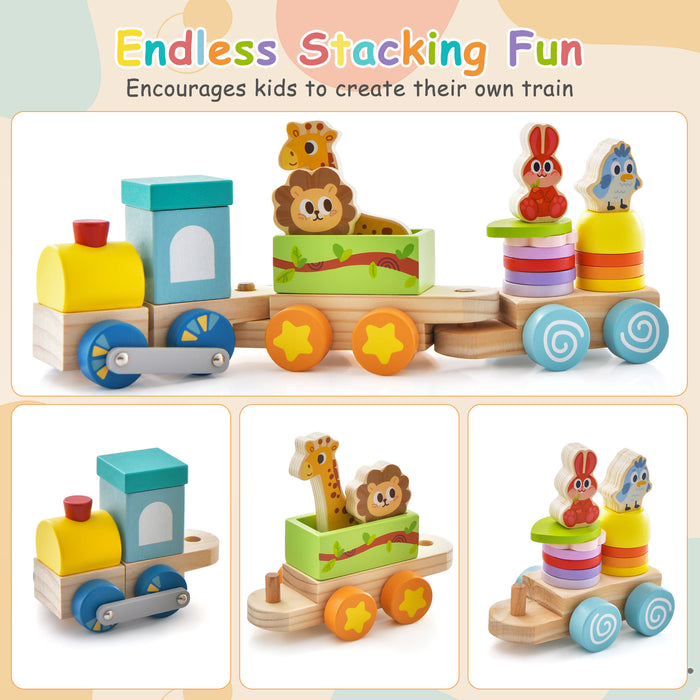 Wooden Stackable Educational Train Set with Colorful Animal Toys and Retractable Locomotive