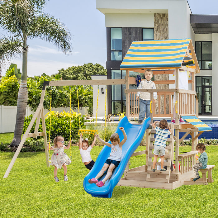 Wooden Swing Set with Large Upper Deck Slide and Steering Wheel