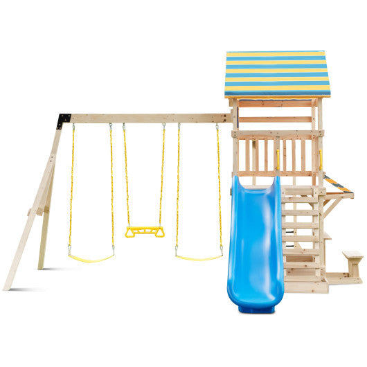 Wooden Swing Set with Large Upper Deck Slide and Steering Wheel