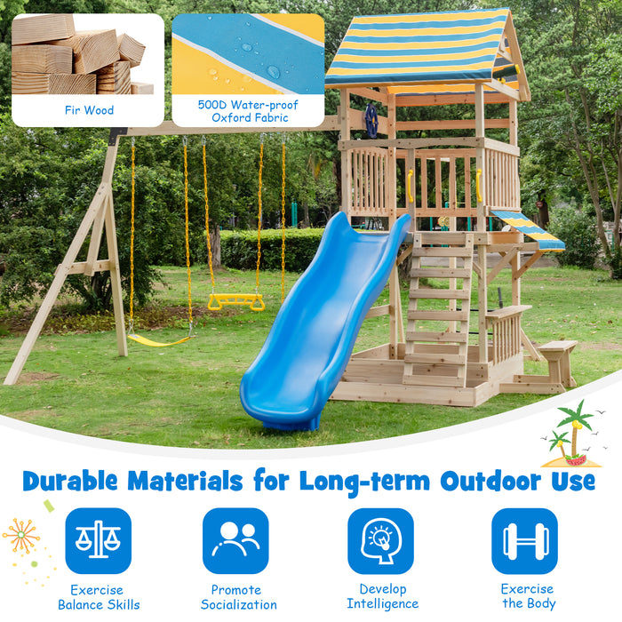 Wooden Swing Set with Large Upper Deck Slide and Steering Wheel