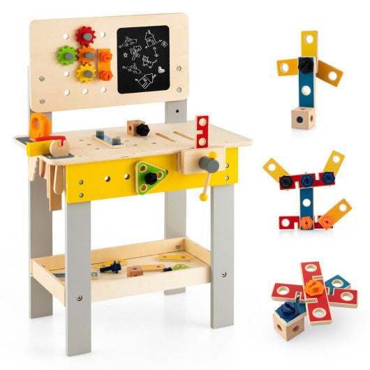 Wooden Pretend Play Workbench Set with Blackboard for Toddlers Ages 3+