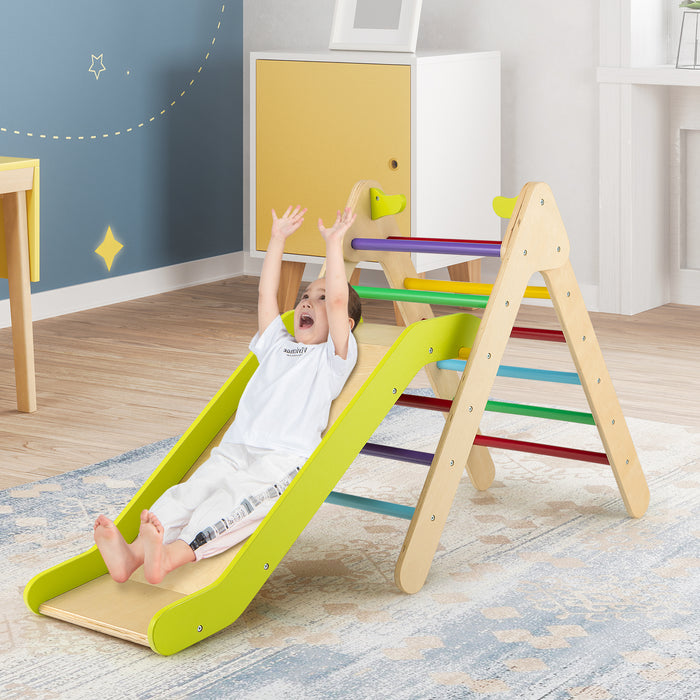 2-in-1 Wooden Triangle Climber Set with Gradient Adjustable Slide-Multicolor