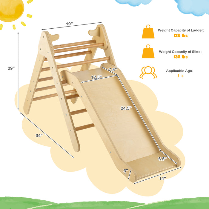 2-in-1 Wooden Triangle Climber Set with Gradient Adjustable Slide-Natural