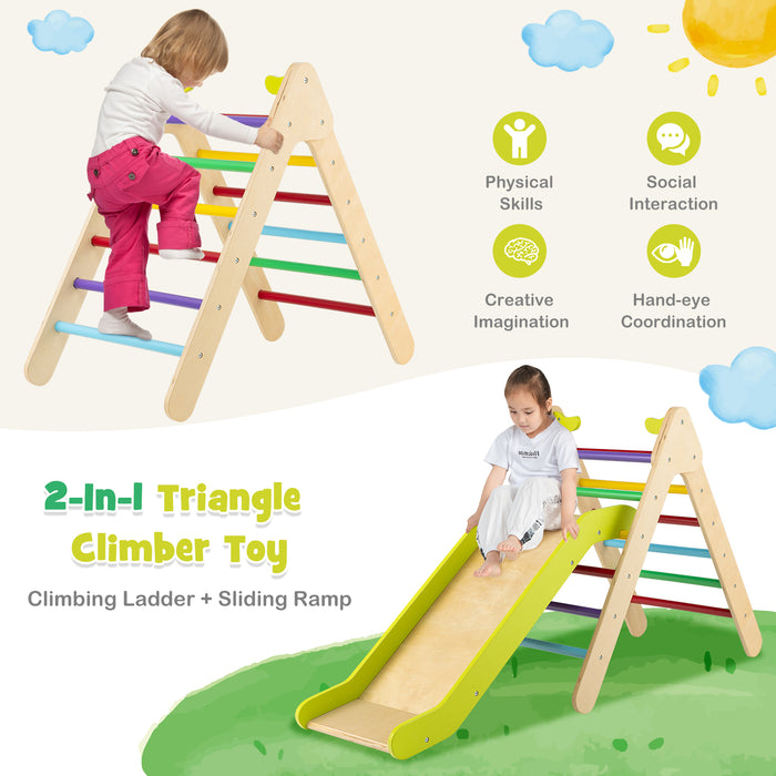 2-in-1 Wooden Triangle Climber Set with Gradient Adjustable Slide-Multicolor