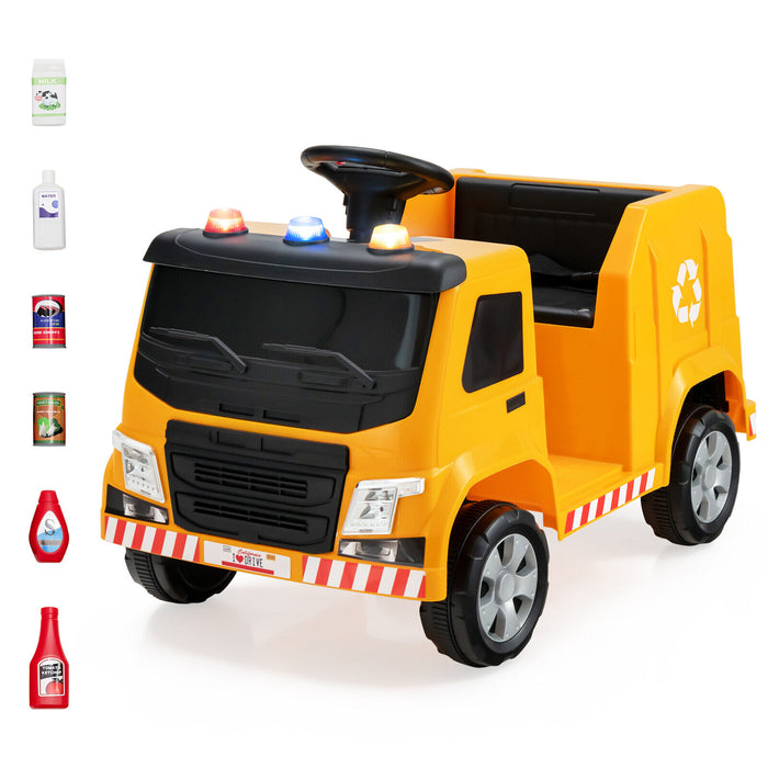 12V Kids Ride-on  Garbage Truck with Warning Lights and 6 Recycling Accessories-Yellow