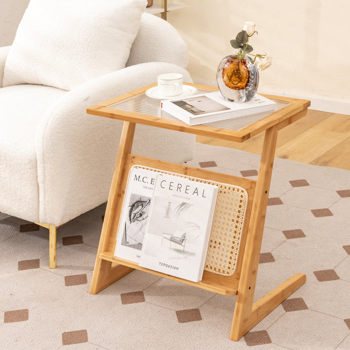 Z-shaped End Table with Magazine Rack and Rattan Shelf-Natural