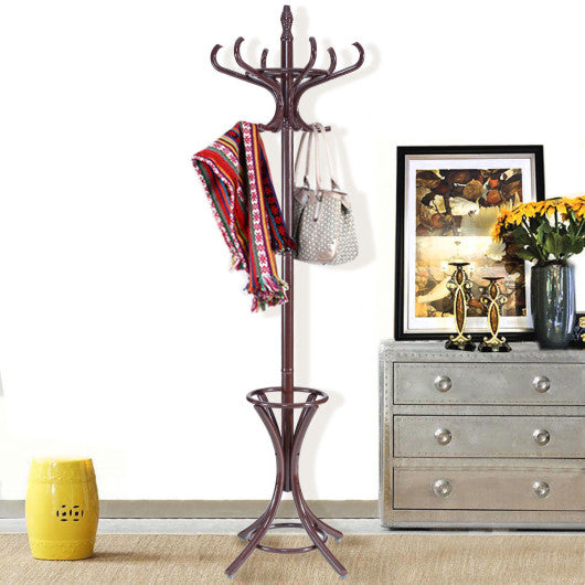 Wood Standing Hat Coat Rack with Umbrella Stand-Brown