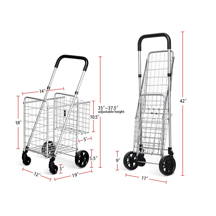 Folding Shopping Cart Basket Rolling Trolley with Adjustable Handle-Silver