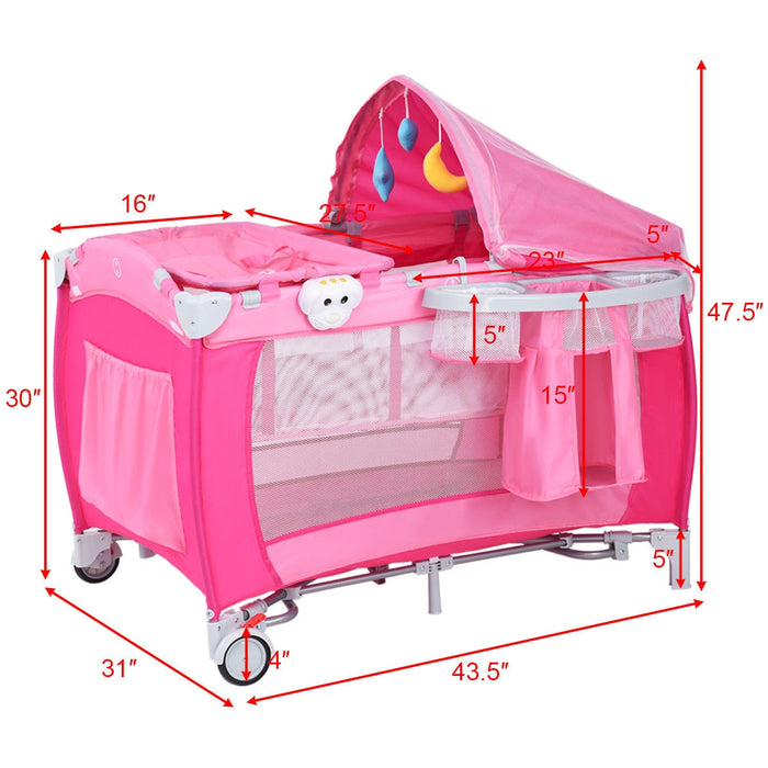 Foldable Baby Crib Playpen with Mosquito Net and Bag-Pink