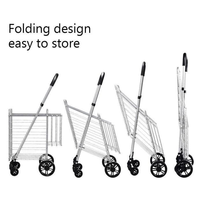 Folding Shopping Cart Basket Rolling Trolley with Adjustable Handle-Silver