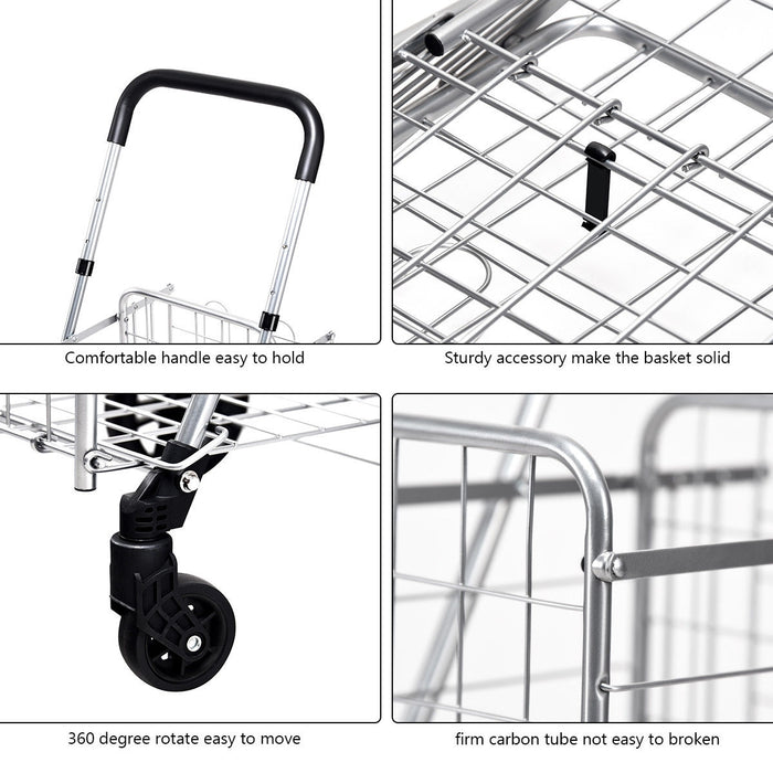 Folding Shopping Cart Basket Rolling Trolley with Adjustable Handle-Silver