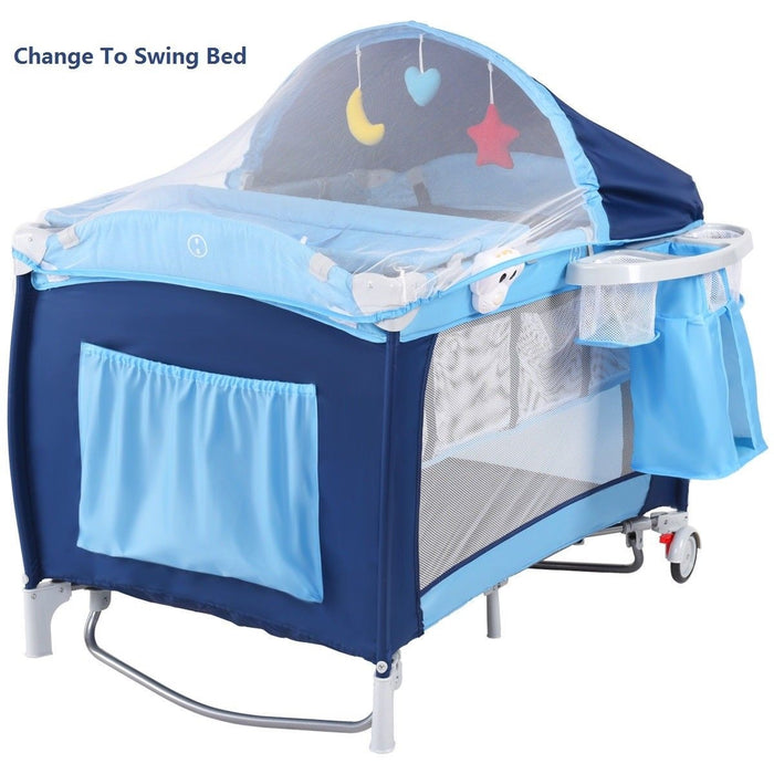 Foldable Baby Crib Playpen with Mosquito Net and Bag-Blue