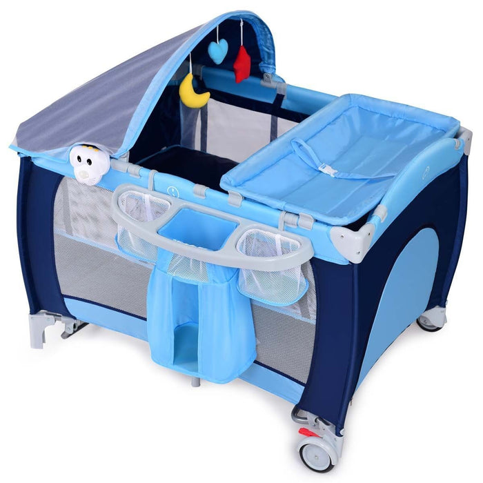 Foldable Baby Crib Playpen with Mosquito Net and Bag-Blue