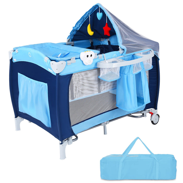 Foldable Baby Crib Playpen with Mosquito Net and Bag-Blue