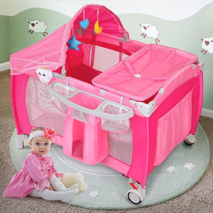 Foldable Baby Crib Playpen with Mosquito Net and Bag-Pink