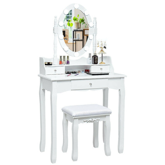 Oval Mirror Vanity Set  with 10 LED Dimmable Bulbs and 3 Drawers-White