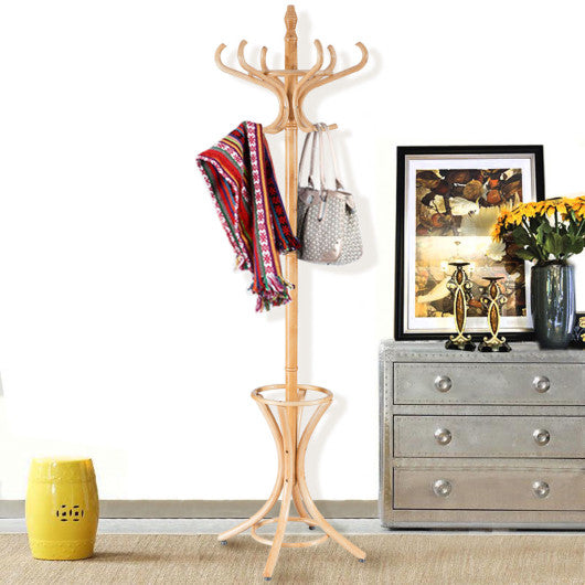 Wood Standing Hat Coat Rack with Umbrella Stand-Natural