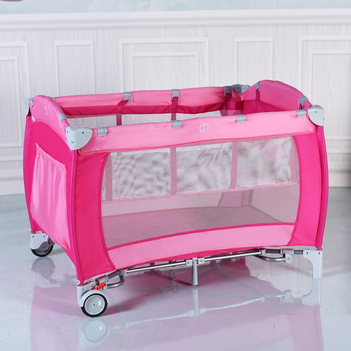 Foldable Baby Crib Playpen with Mosquito Net and Bag-Pink