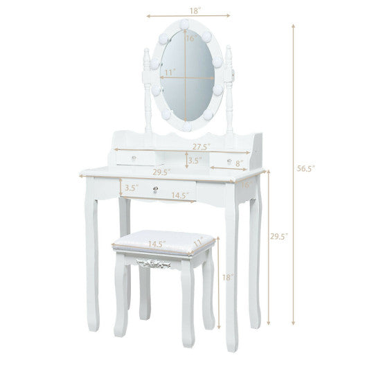 Oval Mirror Vanity Set  with 10 LED Dimmable Bulbs and 3 Drawers-White