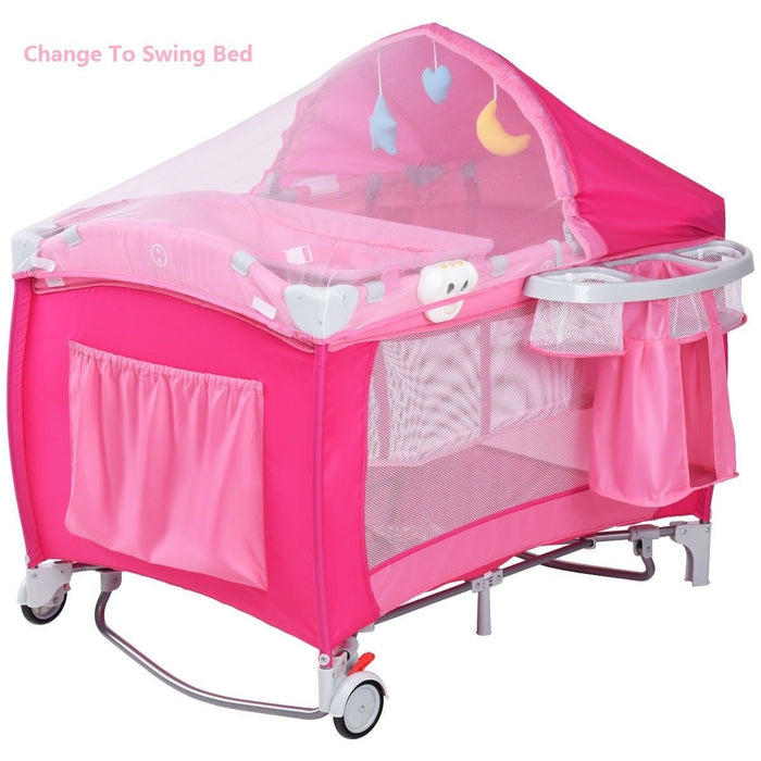 Foldable Baby Crib Playpen with Mosquito Net and Bag-Pink