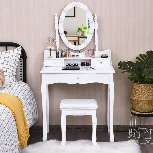 Oval Mirror Vanity Set  with 10 LED Dimmable Bulbs and 3 Drawers-White