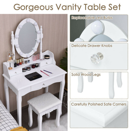 Oval Mirror Vanity Set  with 10 LED Dimmable Bulbs and 3 Drawers-White