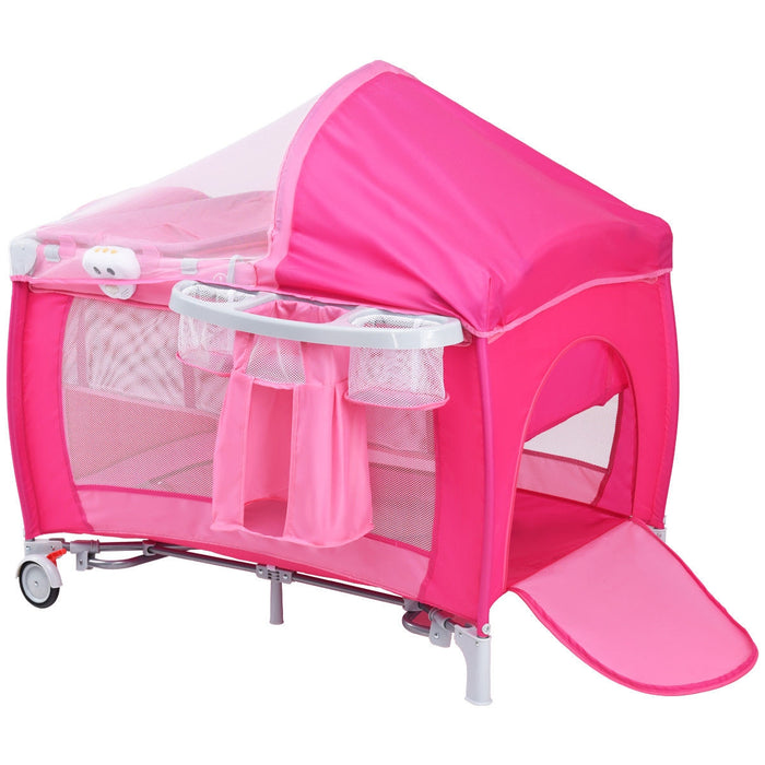 Foldable Baby Crib Playpen with Mosquito Net and Bag-Pink