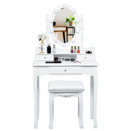 Oval Mirror Vanity Set  with 10 LED Dimmable Bulbs and 3 Drawers-White