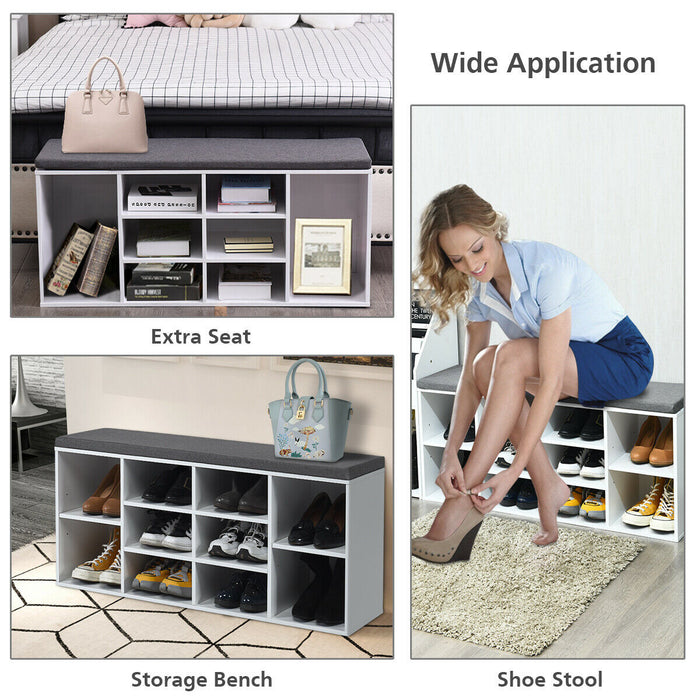 10-Cube Organizer Shoe Storage Bench with Cushion for Entryway-White