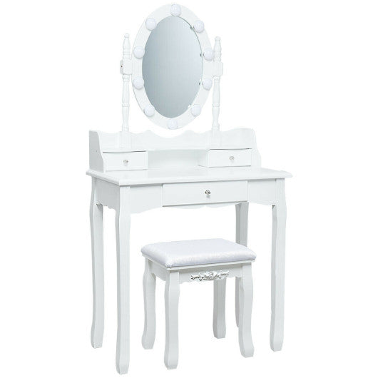 Oval Mirror Vanity Set  with 10 LED Dimmable Bulbs and 3 Drawers-White