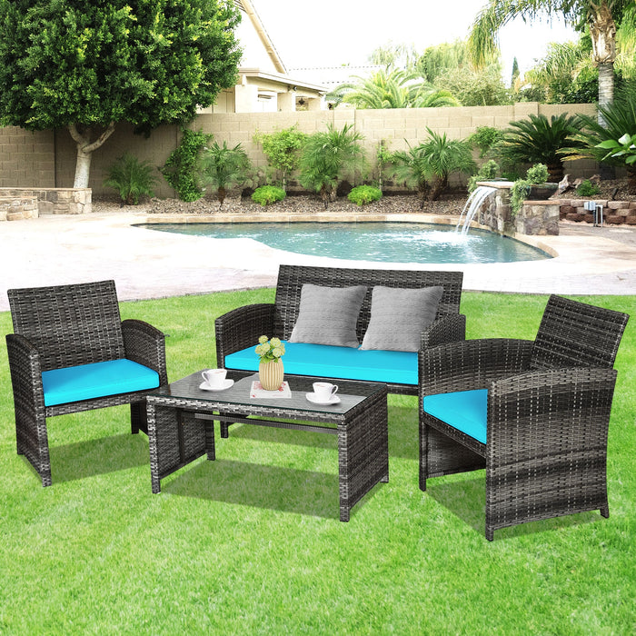 4 Pieces Patio Rattan Furniture Set with Cushions-Turquoise