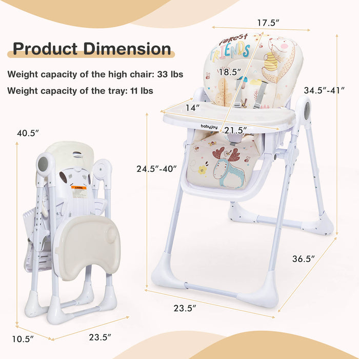 Baby High Chair Folding Feeding Chair with Multiple Recline and Height Positions-Beige