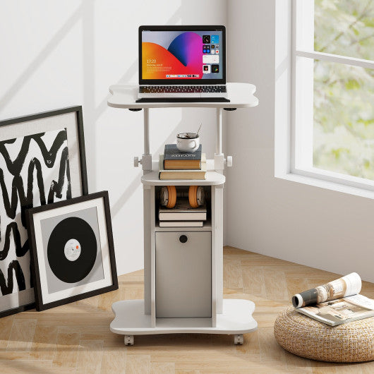 Adjustable Mobile Standing Desk Cart with Tilt Desktop and Cabinet-White