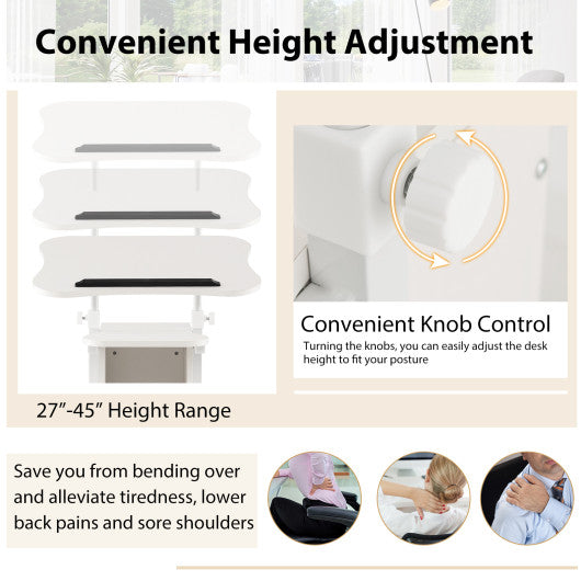 Adjustable Mobile Standing Desk Cart with Tilt Desktop and Cabinet-White