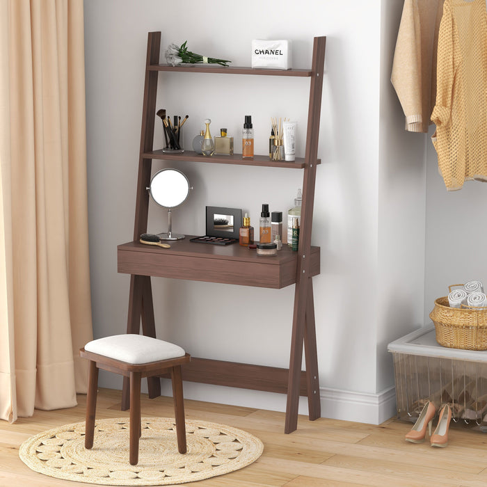 Ladder Shelf Desk Bookcase with Countertop  Drawer and 2 Shelves-Walnut