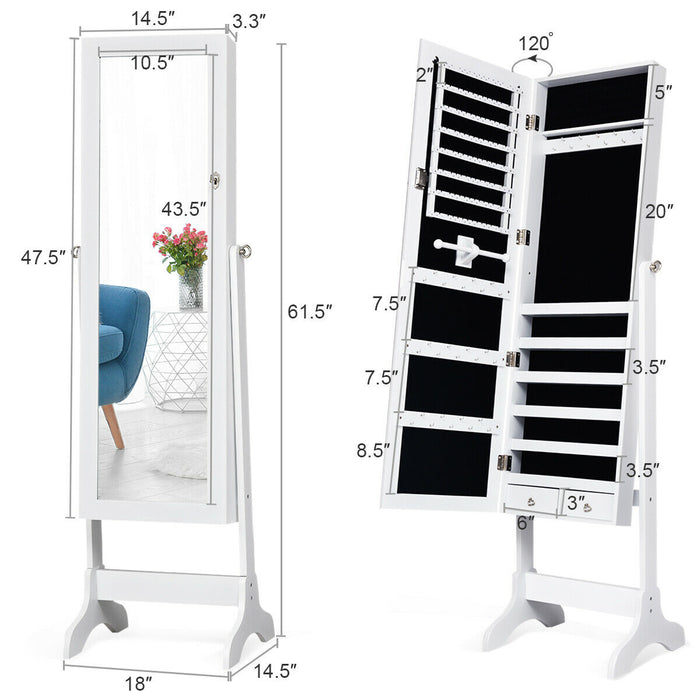 Lockable Mirrored Jewelry Cabinet Armoire Storage Organizer Box-White