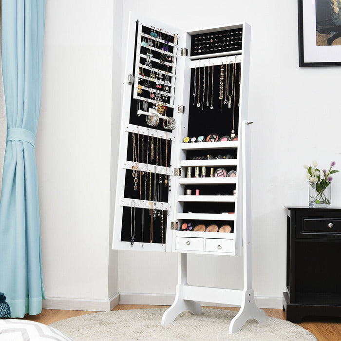 Lockable Mirrored Jewelry Cabinet Armoire Storage Organizer Box-White