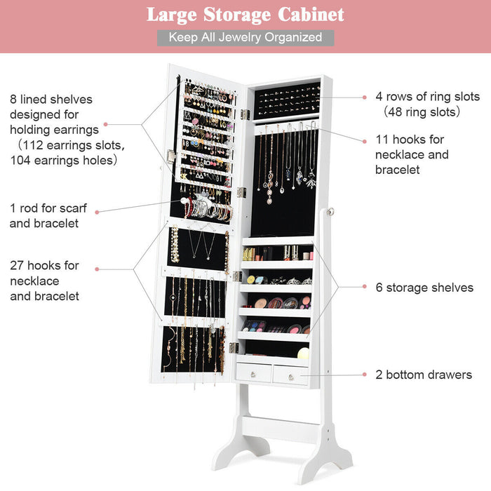 Lockable Mirrored Jewelry Cabinet Armoire Storage Organizer Box-White