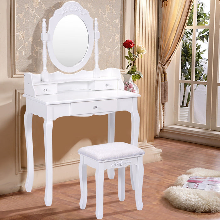 Vanity Table Set with Cushioned Stool with 360Â° Rotating Oval Mirror and Three Drawers-White