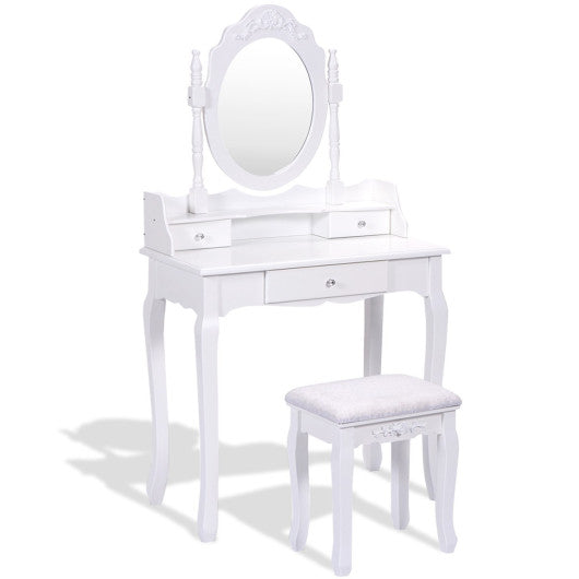 Vanity Table Set with Cushioned Stool with 360Â° Rotating Oval Mirror and Three Drawers-White