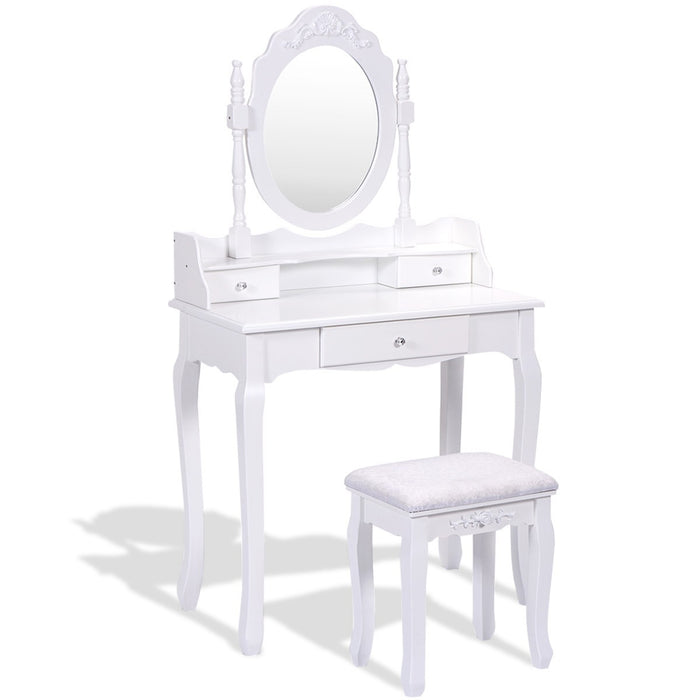 Vanity Table Set with Cushioned Stool with 360Â° Rotating Oval Mirror and Three Drawers-White