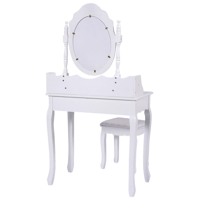 Vanity Table Set with Cushioned Stool with 360Â° Rotating Oval Mirror and Three Drawers-White