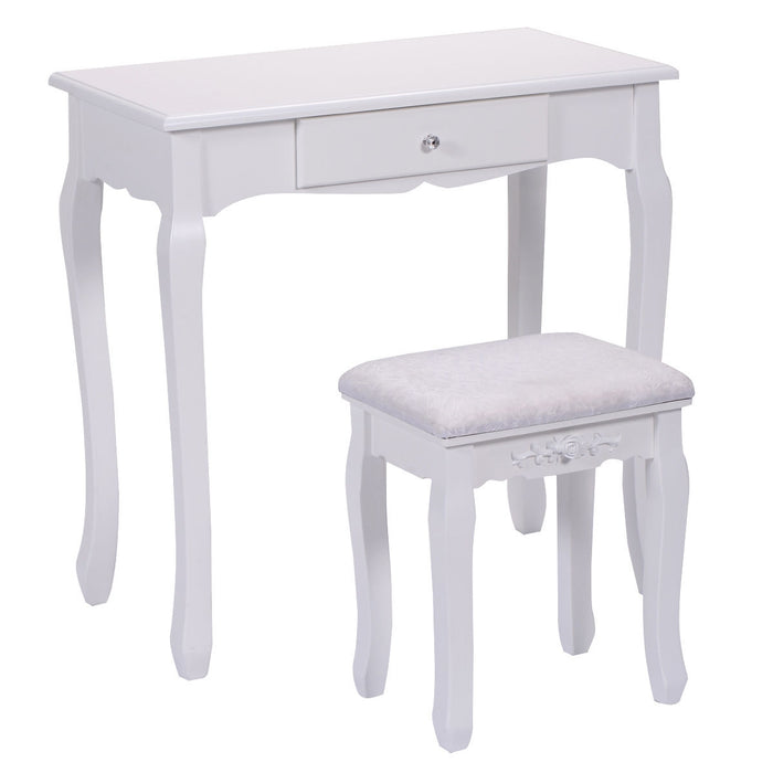 Vanity Table Set with Cushioned Stool with 360Â° Rotating Oval Mirror and Three Drawers-White